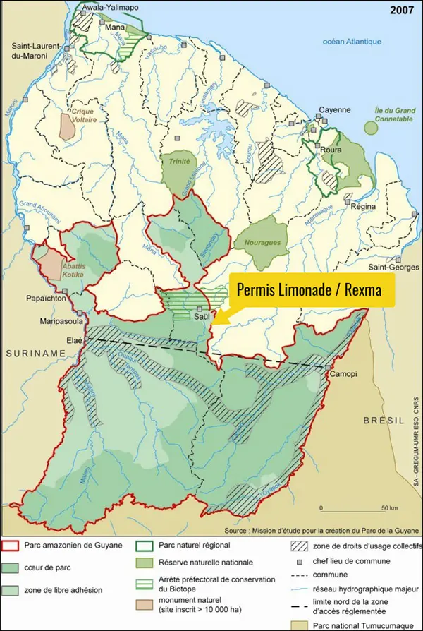 Site d’exploitation minière en Guyane exploité par REXMA